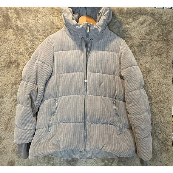 Sam Edelman Gray Quilted Corduroy Puffer Jacket Coat Hood Women's M Medium - Picture 8 of 15